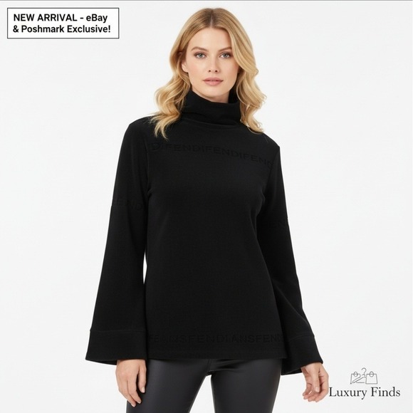 Vintage FENDI Jeans Black TurtleneckEmbossed Logo Fleece Sweater - Size: M